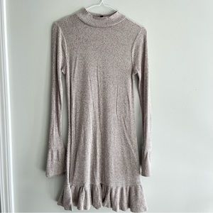 Express beige long sleeve ruffle detail dress